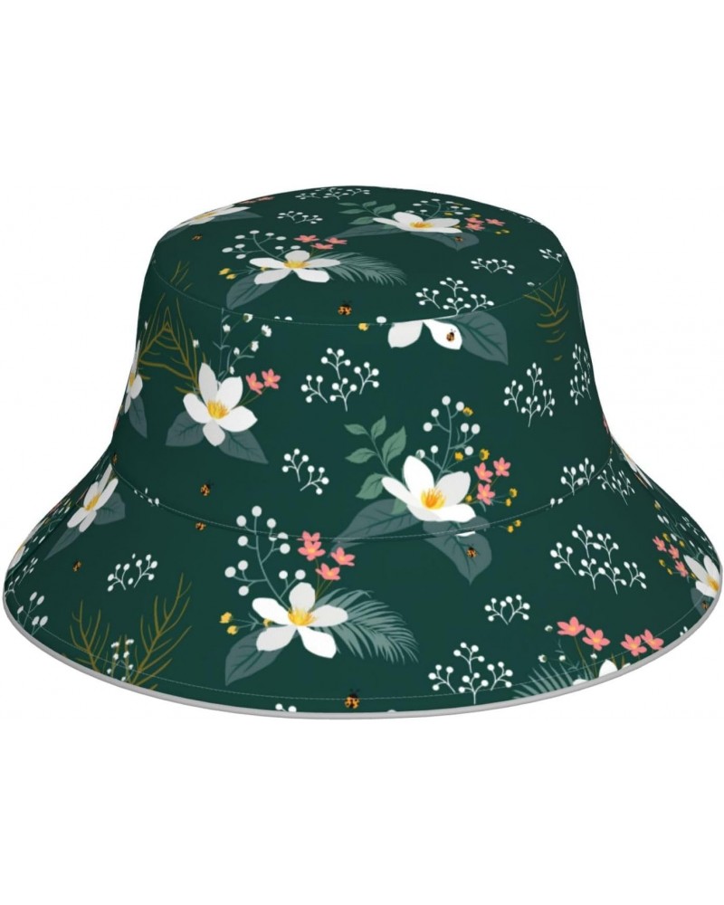 Floral Pattern Print Reversible Reflective Bucket Hat,Packable Travel Hat Beach Fishing Hat Black $11.98 Bucket Hats