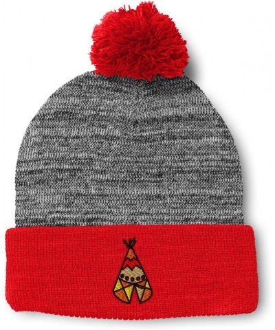 Custom Pom Pom Beanies for Women Native Indian Tepee Tribal Embroidery Skull Cap Winter Hats for Men 1 Size Heather Gray Red ...