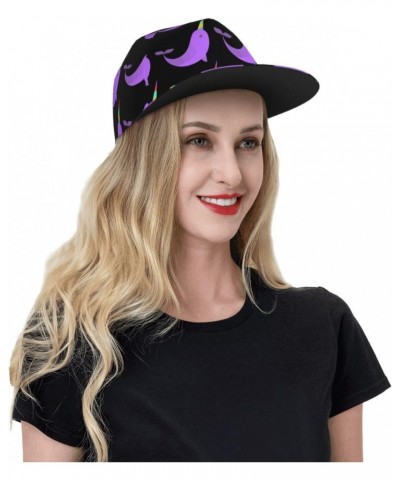 Unisex Adjustable Flat Brim Cap Cartoon-Narwhal-Print Baseball Cap Cool Snapback Hat for Men Women Black $13.22 Baseball Caps