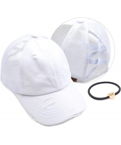 Exclusives Washed Distressed Cotton Denim Criss-Cross Ponytail Hat Baseball Cap Bundle Hair Tie (BT-780) White $12.87 Basebal...