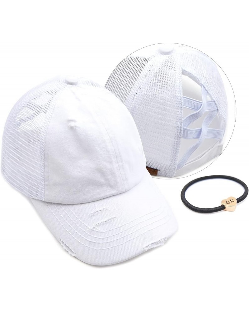 Exclusives Washed Distressed Cotton Denim Criss-Cross Ponytail Hat Baseball Cap Bundle Hair Tie (BT-780) White $12.87 Basebal...