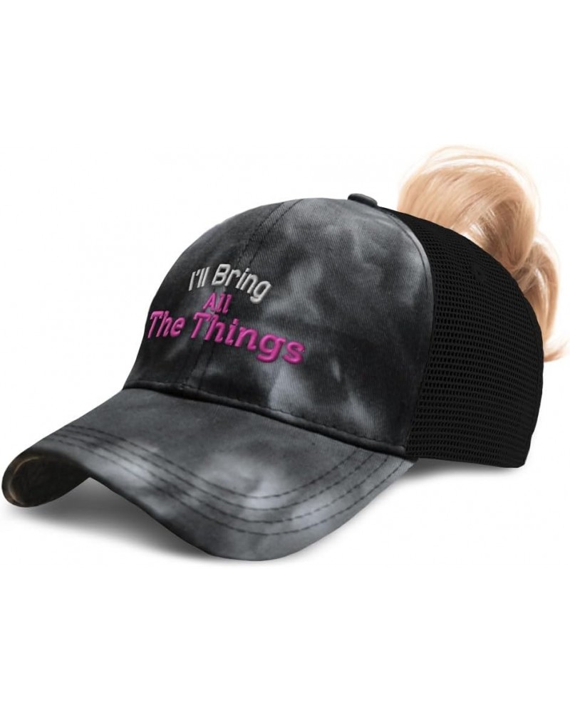 Womens Ponytail Cap I'll Bring All The Things Cotton Distressed Trucker Hats Tie Dye Black $13.02 Baseball Caps