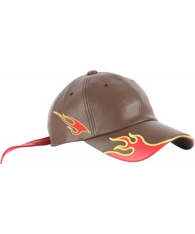 B210 Flame Effect Red Leather Long Strap Racing Biker Cap Baseball Hat Truckers Brown $18.54 Baseball Caps