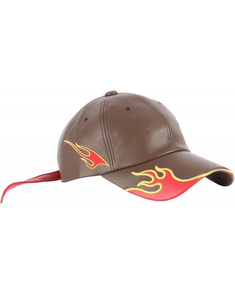 B210 Flame Effect Red Leather Long Strap Racing Biker Cap Baseball Hat Truckers Brown $18.54 Baseball Caps