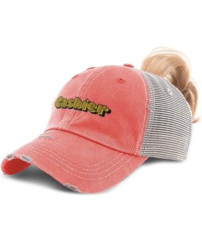 Womens Ponytail Cap Cashier Receipts Cotton Gift-Wrapping Distressed Trucker Hat Coral Design Only $15.36 Baseball Caps