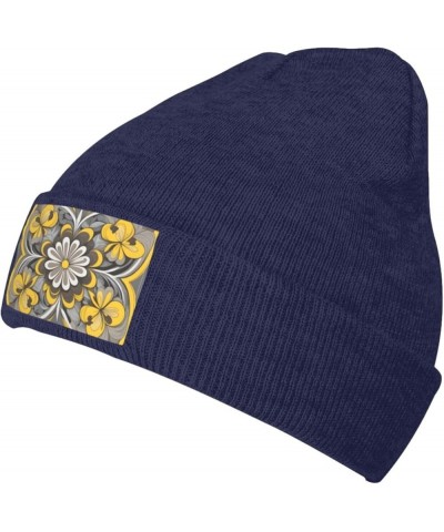 Black Warm Knit Hat Yellow Gray Flower Prints Soft Good Elasticity Suitable for Outdoor Sports Navy Blue $12.10 Skullies & Be...