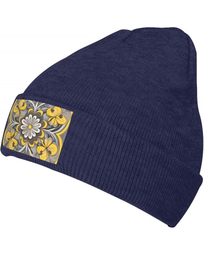 Black Warm Knit Hat Yellow Gray Flower Prints Soft Good Elasticity Suitable for Outdoor Sports Navy Blue $12.10 Skullies & Be...