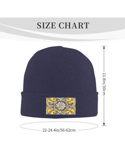 Black Warm Knit Hat Yellow Gray Flower Prints Soft Good Elasticity Suitable for Outdoor Sports Navy Blue $12.10 Skullies & Be...