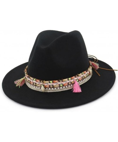 Women's Felt Fedora Autumn and Winter Classic Wide Brim Panama Hat with Tassels Black Hat $21.39 Fedoras