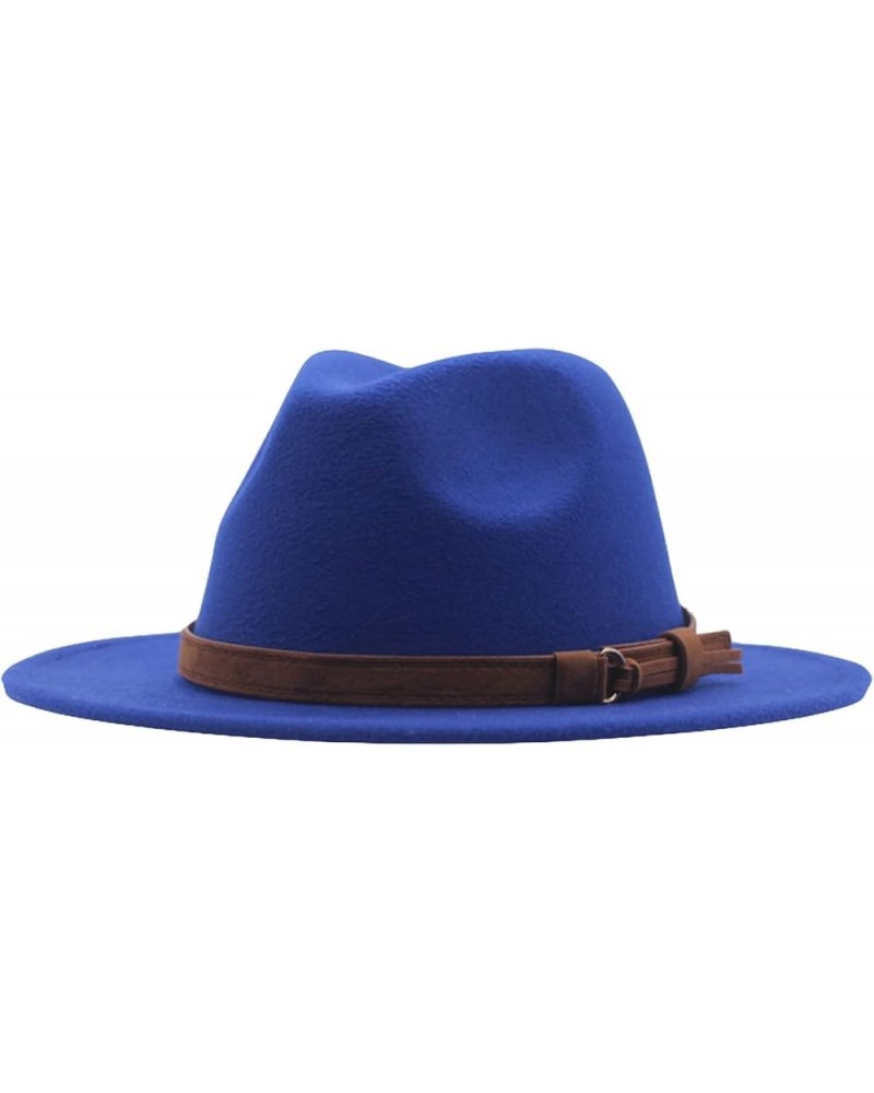 Fedora Hat Soft Wool Felt Fashionable Panama Hats Classic Wide Brim Cloche Hat with Leather Belt Buckle for Men Women Blue $1...