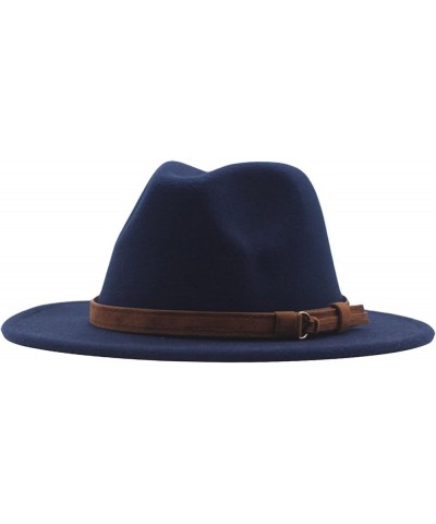 Fedora Hat Soft Wool Felt Fashionable Panama Hats Classic Wide Brim Cloche Hat with Leather Belt Buckle for Men Women Blue $1...