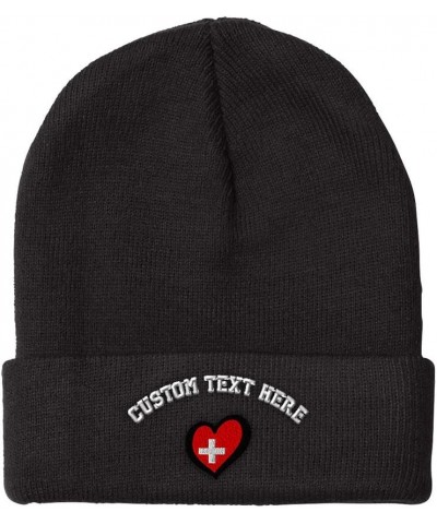 Beanies for Men Switzerland Flag Heart-Shaped Embroidery Winter Hats for Women Acrylic Skull Cap 1 Size Black Personalized Te...