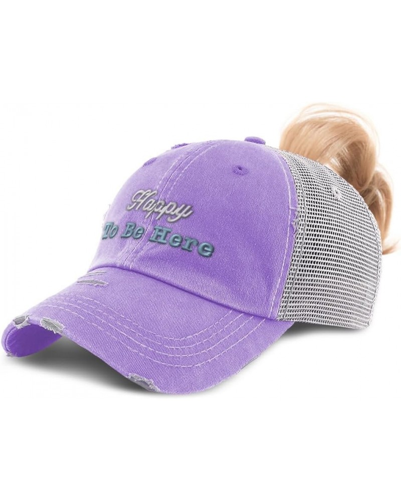 Womens Ponytail Cap Happy to Be Here Style B Cotton Distressed Trucker Hats Lavender $16.42 Baseball Caps