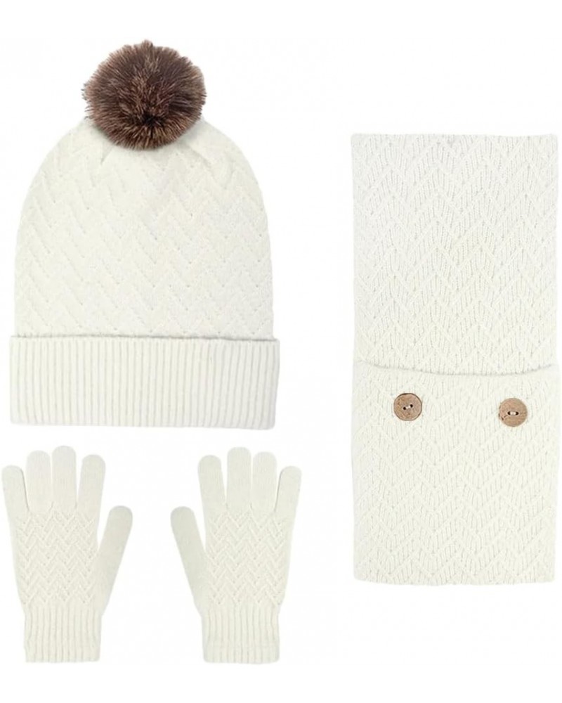 3pcs Women Beanie Hat And Scarf Knitted Gloves Set Solid Color Winter Warm Set White $28.98 Scarves