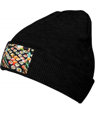 Sushi Print Winter Beanie Hats Skull Cap Lightweight Knit Soft Sleep Multifunctional Headwear Black $13.22 Skullies & Beanies