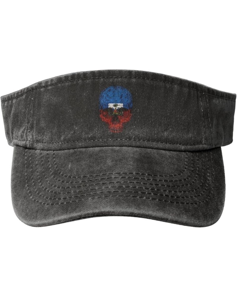 Haitian Flag Haitian Skull Sport Sun Visor Hat Cotton Ball Caps Empty Top Baseball Sun Cap Black $11.72 Visors