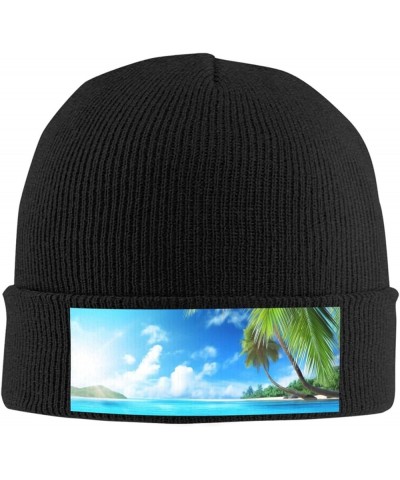 Tropical Beach Plant Theme Print Knit Hat Winter Knit Hat for Men Women Black $14.30 Skullies & Beanies