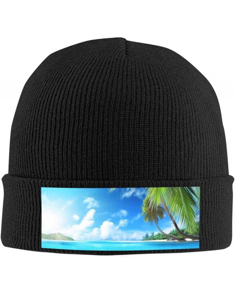 Tropical Beach Plant Theme Print Knit Hat Winter Knit Hat for Men Women Black $14.30 Skullies & Beanies