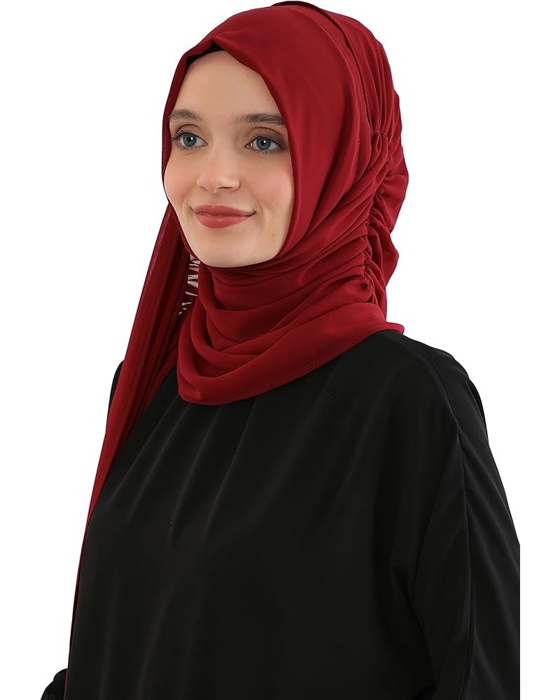 Side Shirred Shawl for Women Chiffon Modesty Turban Cap Head Wrap Instant Scarf Ready to Wear Hijab Dark Red $14.85 Scarves